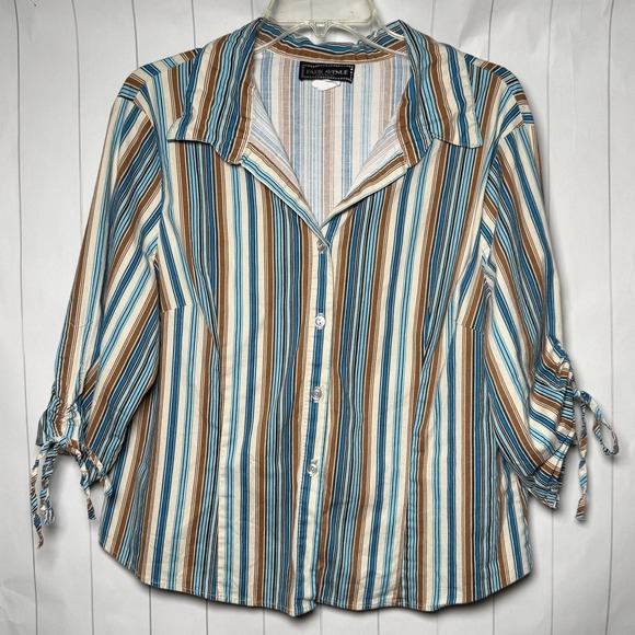 Park Avenue Tops - VTG Striped Button Up Blouse Top Cinched Tie Sleeve Made In USA‎ 90s Y2K Look 2X